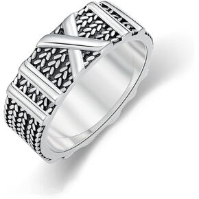 Silver Ring for Men Boys 925 Sterling Silver Vintage Band Rings Biker Hippie Wheat Cross Ring Gifts for Fathers Day Christmas