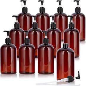 JUVITUS 8 oz Amber Boston Round PET Plastic Bottles (BPA Free) with (12 pack) (Black Disc Cap)