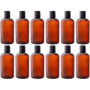 زجاجات JUVITUS 8 أونصة من البلاستيك الدائري من Amber Boston PET (خالية من BPA) مع (12 عبوة) (غطاء قرص ذهبي)