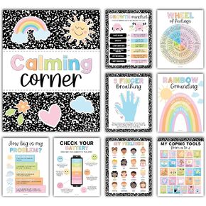9 Calming Corner Posters for Classroom Must Haves for Teachers - 11x14" Calm Down Corner Supplies, Feelings Chart for Kids Ages 4-8, Feelings Wheel Poster, Pastel Classroom Decor
