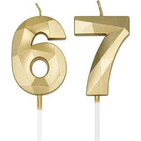 67th & 76th Birthday Candles for Cake, Gold Number 67 76 3D Diamond Shaped Candle Birthday Decorations Party Supplies for Women or Men