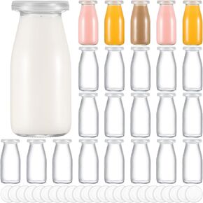 Zubebe 24 Pcs Christmas Small Glass Milk Bottle with Lids Clear Mini Glass Bottle Reusable Glass Juice Bottle Milk Storage Bottle Shake Container for Juice Christmas Drinking Gift(3.38 oz/ 100ml)