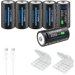 CR123A 2550mWh Lithium Battery 6 Pack, 2550mWh CR-123A Lithium Battery for High Intensity Flashlight, Home Safety, Security Devices with Micro USB Cable（Not D Size Battery）