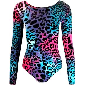 The Fancy Dress® Kids Girls Leopard Print Gymnastic Leotard School PE Ballet Dance Long Sleeve Bodysuit Top Age 3-13 Years