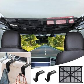 Car Ceiling Cargo Net with 2*Headrest Hook,Large Capacity Anti-Fall Cargo Net for Inside Car Roof Keeps Car Interior Tidy,Universal Ceiling Cargo Net for SUVs/Cars
