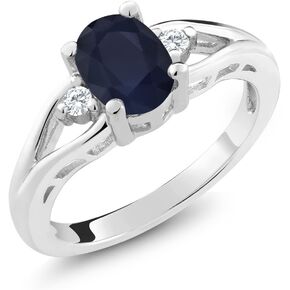 925 Sterling Silver Blue Sapphire and White Created Sapphire 3 Stone Engagement Ring For Women | 1.83 Cttw | Oval 8X6MM | Round 2MM | Gemstone September Birthstone | Available in Size 5,6,7,8,9