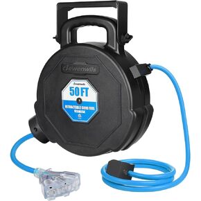 DEWENWILS 50FT Heavy Duty Cord Reel, Retractable Extension Cord Reel with Light-Up Triple Tap, 13 A Circuit Breaker, Wall/Ceiling Mountable, Portable Handle, 14/3 SJT, ETL Listed, Blue