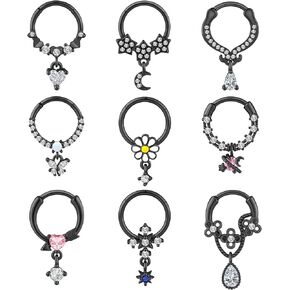 YOFANST 9pcs Septum Clicker 16G Stainless Steel Hinged Segment Ring Dangle Butterfly Heart Moon Star Planet Charm Nose Ring Hoop