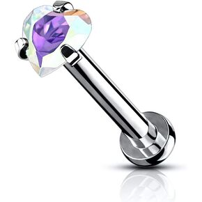 16 Gauge Heart CZ Prong Set Top Internally Threaded Micro Base 316L Surgical Steel Labret, Flat Back Studs For Lip, Chin, Nose and More