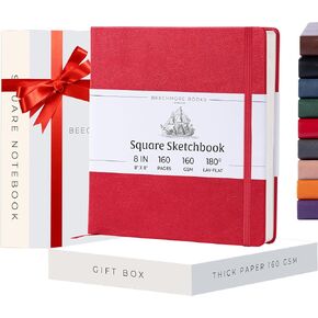BEECHMORE BOOKS Art Sketch Book, Square 156 Pages 8 x 8 inch, Hardcover Leather Artist Sketchbook, Blank Sketch Pad for Drawing, Painting Supplies, Thick 160gsm Cream Paper, Boxed for Gifts