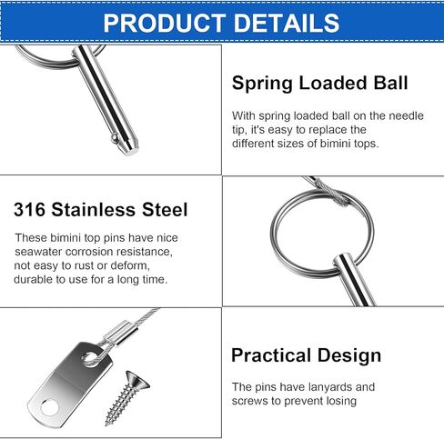 دبوس سريع التحرير من الفولاذ المقاوم للصدأ 316 مع كابل حبل يمنع فقدان قطر 1/4 بوصة بيميني دبوس علوي ملحقات القارب توريد الأجهزة البحرية (4) in Kuwait