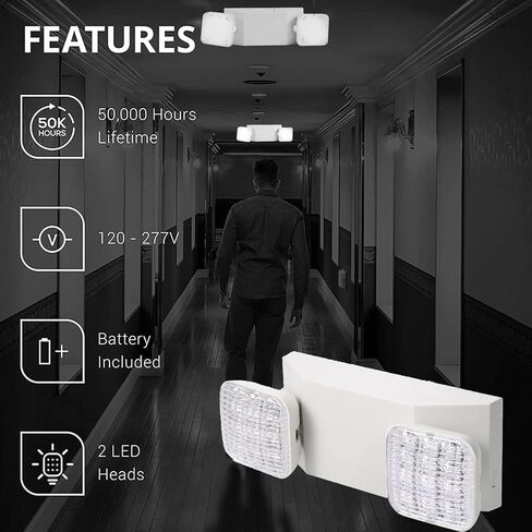 LED Emergency Lights with Battery Backup, Two Head Adjustable Commercial Emergency Lights Fixture, Emergency Light for Home Power Failure, Wall Mount, Hard Wired, 120-277V, Fire Resistant 2 Pack in Kuwait