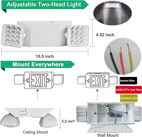 LED Emergency Lights with Battery Backup, Two Head Adjustable Commercial Emergency Lights Fixture, Emergency Light for Home Power Failure, Wall Mount, Hard Wired, 120-277V, Fire Resistant 2 Pack in Kuwait