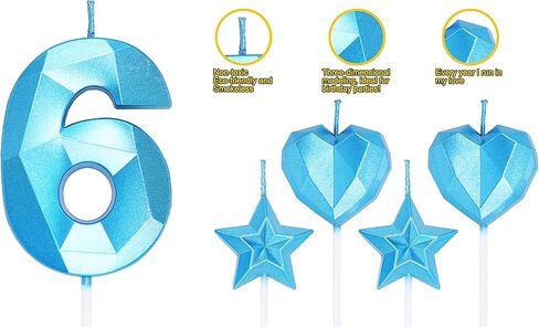 شموع زرقاء رقم 4 وشموع على شكل قلب على شكل نجمة شموع عدد 2.76 بوصة لكعك عيد الميلاد على شكل ماسي ثلاثي الأبعاد لتزيين الكيك (شمعة زرقاء 4) in Kuwait