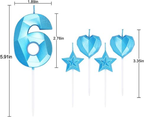 شموع زرقاء رقم 4 وشموع على شكل قلب على شكل نجمة شموع عدد 2.76 بوصة لكعك عيد الميلاد على شكل ماسي ثلاثي الأبعاد لتزيين الكيك (شمعة زرقاء 4) in Kuwait