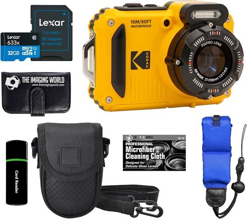 كاميرا Kodak PIXPRO WPZ2 متينة مقاومة للماء والصدمات والغبار واي فاي رقمية 16 ميجابكسل 4X زووم بصري 1080 بيكسل كاميرا فيديو عالية الدقة 2.7 بوصة LCD (أصفر) + بطاقة 32 جيجابايت + حافظة + حزام عائم + حزمة in Kuwait