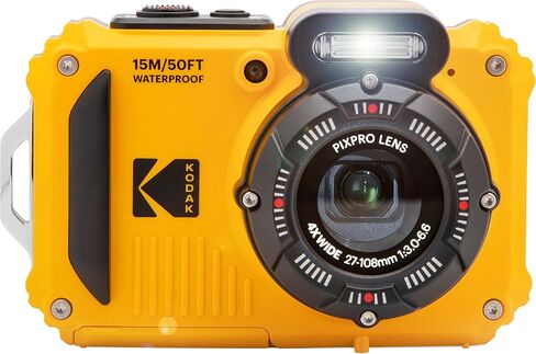 كاميرا Kodak PIXPRO WPZ2 متينة مقاومة للماء والصدمات والغبار واي فاي رقمية 16 ميجابكسل 4X زووم بصري 1080 بيكسل كاميرا فيديو عالية الدقة 2.7 بوصة LCD (أصفر) + بطاقة 32 جيجابايت + حافظة + حزام عائم + حزمة in Kuwait