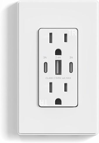 ELEGRP 30W 6.0 Amp 3-Port USB Wall Outlet، وعاء 15A مع منافذ مزدوجة من النوع C وA، شاحن لأجهزة iPhone/iPad/Samsung/LG/HTC/Android، مدرج في قائمة UL، مع لوحة حائط، حزمة واحدة، أبيض غير لامع in Kuwait