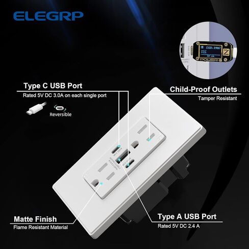 ELEGRP 30W 6.0 Amp 3-Port USB Wall Outlet، وعاء 15A مع منافذ مزدوجة من النوع C وA، شاحن لأجهزة iPhone/iPad/Samsung/LG/HTC/Android، مدرج في قائمة UL، مع لوحة حائط، حزمة واحدة، أبيض غير لامع in Kuwait