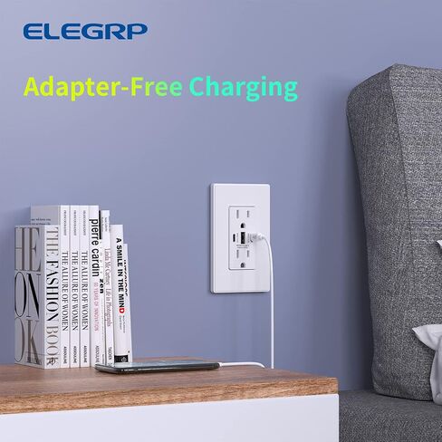 ELEGRP 30W 6.0 Amp 3-Port USB Wall Outlet، وعاء 15A مع منافذ مزدوجة من النوع C وA، شاحن لأجهزة iPhone/iPad/Samsung/LG/HTC/Android، مدرج في قائمة UL، مع لوحة حائط، حزمة واحدة، أبيض غير لامع in Kuwait