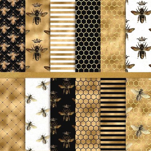 Whaline 24Pcs Bee Pattern Paper 30x30cm Double-Sided Watercolor Bee Scrapbook Paper Craft Paper Folded Flat for DIY Decorative Background Card Making Photo Album Junk Journal Decoration, 12 Designs in Saudi Arabia