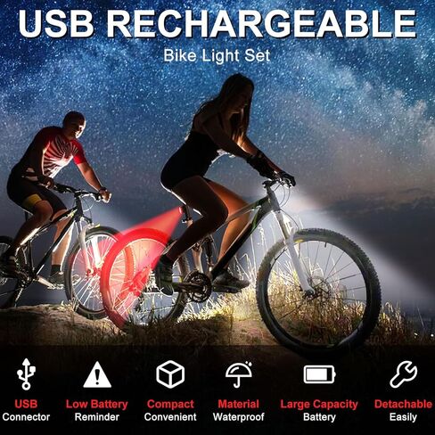 أضواء الدراجة - مجموعة مصابيح الدراجة القابلة لإعادة الشحن، مصابيح LED فائقة السطوع للدراجة الأمامية والخلفية 4 أوضاع إضاءة مقاومة للماء، سهلة التركيب لركوب الدراجات الجبلية (عبوة من قطعتين) in Kuwait