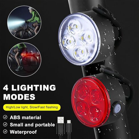 أضواء الدراجة - مجموعة مصابيح الدراجة القابلة لإعادة الشحن، مصابيح LED فائقة السطوع للدراجة الأمامية والخلفية 4 أوضاع إضاءة مقاومة للماء، سهلة التركيب لركوب الدراجات الجبلية (عبوة من قطعتين) in Kuwait