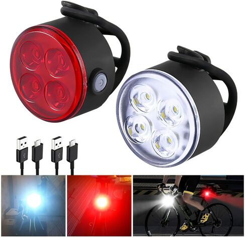أضواء الدراجة - مجموعة مصابيح الدراجة القابلة لإعادة الشحن، مصابيح LED فائقة السطوع للدراجة الأمامية والخلفية 4 أوضاع إضاءة مقاومة للماء، سهلة التركيب لركوب الدراجات الجبلية (عبوة من قطعتين) in Kuwait