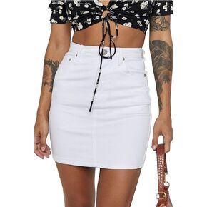Tsher Jean Skirt Women's High Waisted Fringed Slim Fit Elastic Bodycon Mini Denim Skirt
