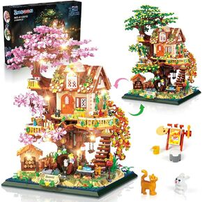 2 in 1 Cherry Blossom Tree House Building Set with LED Light, 3196 PCS Flowers Treehouse Mini Building Block, Friendship Forest House Brick Kit Toy Gift for Adults Kids Girls Boys Ages 10+