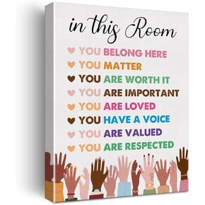 Inspirational Diversity Wall Art in This Room Watercolor Canvas Painting Prints for Classroom Office Wall Decor Framed Equality Artwork Gifts 12"x15" Ready to Hang