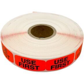 Bright Orange 'Use First' Sticker Labels - High-Contrast, High-Adhesive, Restaurants and Other Stores - 1000 Count Roll of 1 1/2" x 5/8" Size Stickers