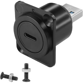 QIANRENON USB 3.0 to USB C Panel Mount Adapter Converter 5Gbps USB3.0 Male to USB C Female Data Connector USB3.0 to Type C Mounting Socket, D Panel/XLR Panel Mount, for Data Transfer/Charging