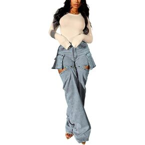 Molisry Women's Cargo Jeans Streetwear High Waisted Convertible Cutout Lounge Stretch Denim Cargo Pants