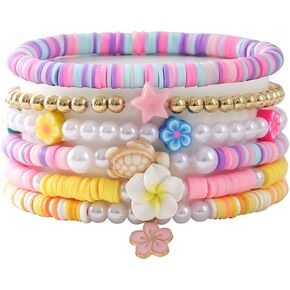 Bohemia Hawaiian Plumeria Rubra Tropical Flower Stackable Bracelets Set Colorful Polymer Clay Beaded Bracelets Cute Sweet Flower Y2K Pearl Bracelets Summer Beach Holiday Jewelry