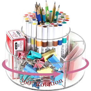 Acrylic Pencil Pen Holder for Desk, Large 10 Compartment Spinning Marker Holder Storage Organizer, Rotating Clear Office Desk Supply Accessories Organizer Caddy