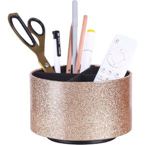 TV Remote Holder, PU Leather 360 Degree Rotating Remote Caddy with 4 Compartments, Remote Control Holder for Bed Bedroom Nightstand, Gold PH103