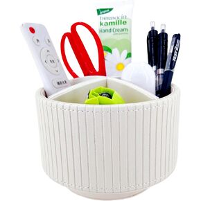 PU Leather Round TV Remote Control Holder for Table,360° Swivel Office Supply Desktop Organizer,4 Compartments Phone/Pen/Pencil Holder,Suitable for Stationery/Heater Controllers Etc (White Marble)