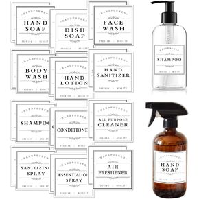 24PCS Waterproof Soap Labels for Bottles, Bathroom Hand Soap Label Stickers, Shampoo and Conditioner Dispenser Labels for Glass/Plastic Spray Bottle (Black)