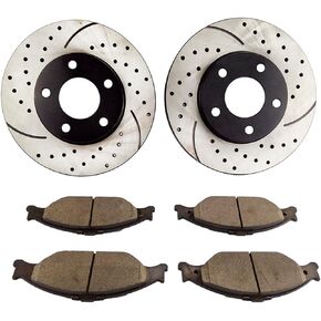 QPD10030 Front Brake kit with Drilled/Slotted Rotors and Ceramic Brake pads for 1999 2000 2001 2002 2003 2004 Ford Mustang GT & Base