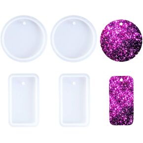 Nifocc Round Keychain Silicone Mold Circle Rectangle Keychain Charms Epoxy Resin Molds Rectangle Keychain Silicone Mold Casting Molds with Hole for DIY Crafts Making Large Size 4 Pcs