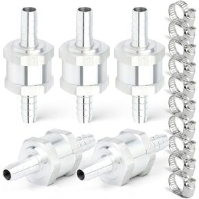 GASHER 5PCS 1/4"(6mm OD) Non Return Fuel Check Valve One Way Inline Petrol Diesel Aluminium Silver with 10PCS Hose Clamps