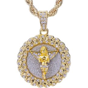 metaltree98 Men's 14 K Gold Plated Hip Hop Gold-Tone Praying Angel Round Pendant and Rope Chain 20" HC 121 G