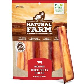 Natural Farm Odor-Free Thick Bully Sticks (6", 5-Pack) All-Natural Long-Lasting Dog Chews, 100% Beef Pizzle, Grass-Fed, Grain-Free, Protein for Muscle Development & Energy, Perfect for Medium Chewers
