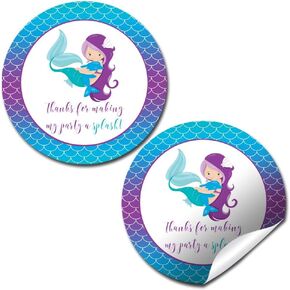 Mermaid Thank You Birthday Party Sticker Labels, 40 2" Party Circle Stickers by AmandaCreation, Great for Party Favors, Envelope Seals & Goodie Bags, Mermaid with Light Complexion