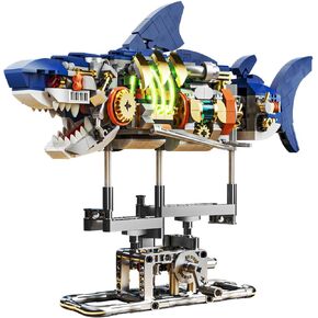 Mechanical Shark Building Set with LED Light, 687 PCS Movable Ocean Animal with Display Stand, Sea Fish Building Block Toy, Home Decor Gift for Adults Teens Kids Boys Ages 12+