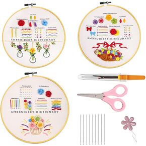 Westhood 3 Sets Beginners Embroidery kit, Different Stitches Practice with Instructions, Embroidery Starters Kit with Patterns Include 2 Wooden Embroidery Hoops, Scissors, Needles and Color Threads