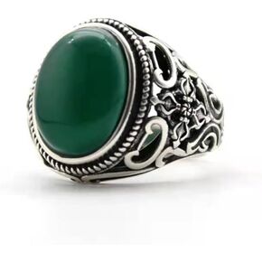 925 Sterling Silver Vintage Oval Shape Emerald Green Agate Open Ring for Men Adjustable Luxury Natural Red Agate Gemstone Ring Turkish Handmade Engrave Band Jewelry Gift for Women