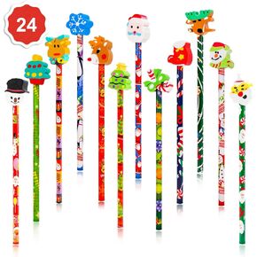Konsait 2 Dozen (24) Christmas Pencils Assortment With Giant Eraser Topper Decorated With Santa Christmas Tree For Christmas School Party Favor Supplies Accessories Goodie Bag Stocking Filler