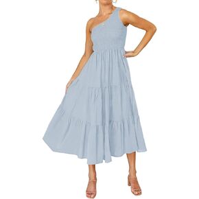 ZCSIA Women's 2024 Summer Boho One Shoulder Sleeveless Solid Color Ruffle Beach Party Tiered Midi Dress